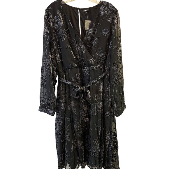 Torrid Size 2X Black Floral Embroidered Long Sleeve Wrap Dress With Tie Belt - Picture 7 of 14